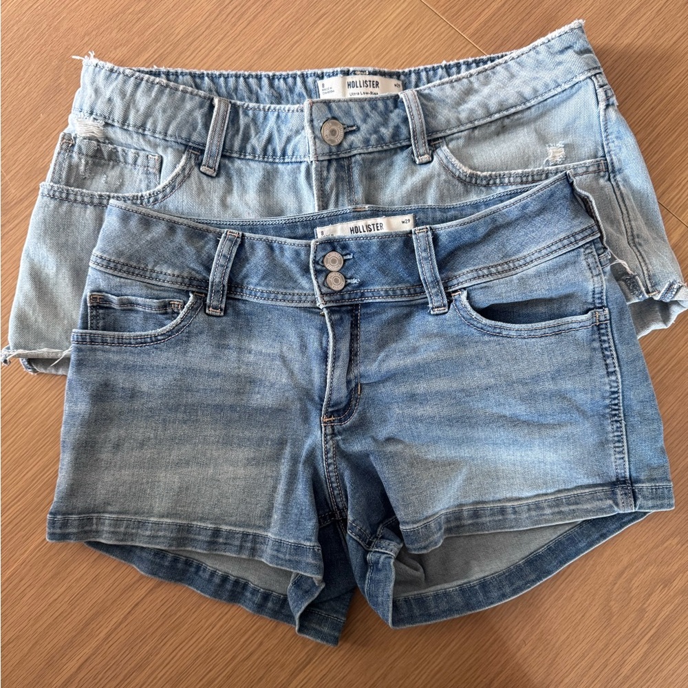 Hollister Women's Low Rise Jean Shorts - Light Blue and Medium Blue